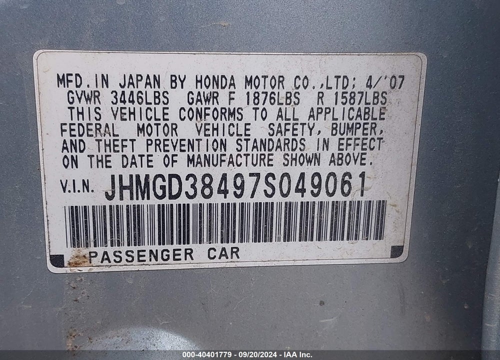 2007 HONDA FIT VIN: JHMGD38497S049061