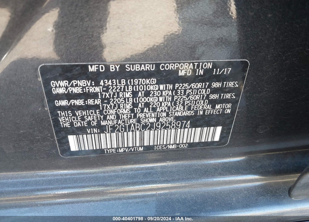 2018 SUBARU CROSSTREK 2.0I PREMIUM VIN: JF2GTABC2J9258974