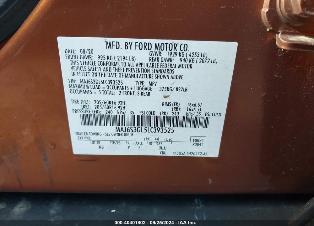2020 FORD ECOSPORT SE VIN: MAJ6S3GL5LC393525