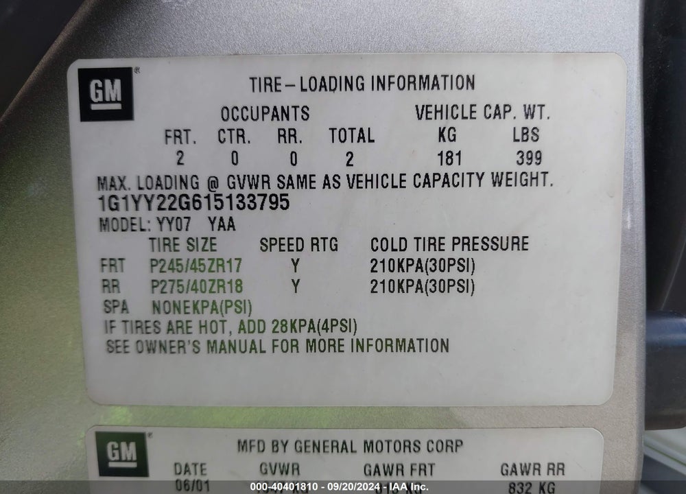 2001 CHEVROLET CORVETTE VIN: 1G1YY22G615133795