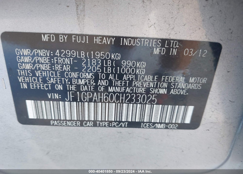 2012 SUBARU IMPREZA 2.0I LIMITED VIN: JF1GPAH60CH233025