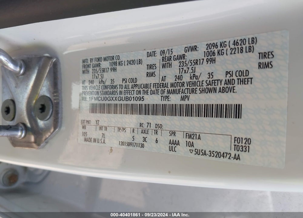 2016 FORD ESCAPE SE VIN: 1FMCU0GXXGUB01095