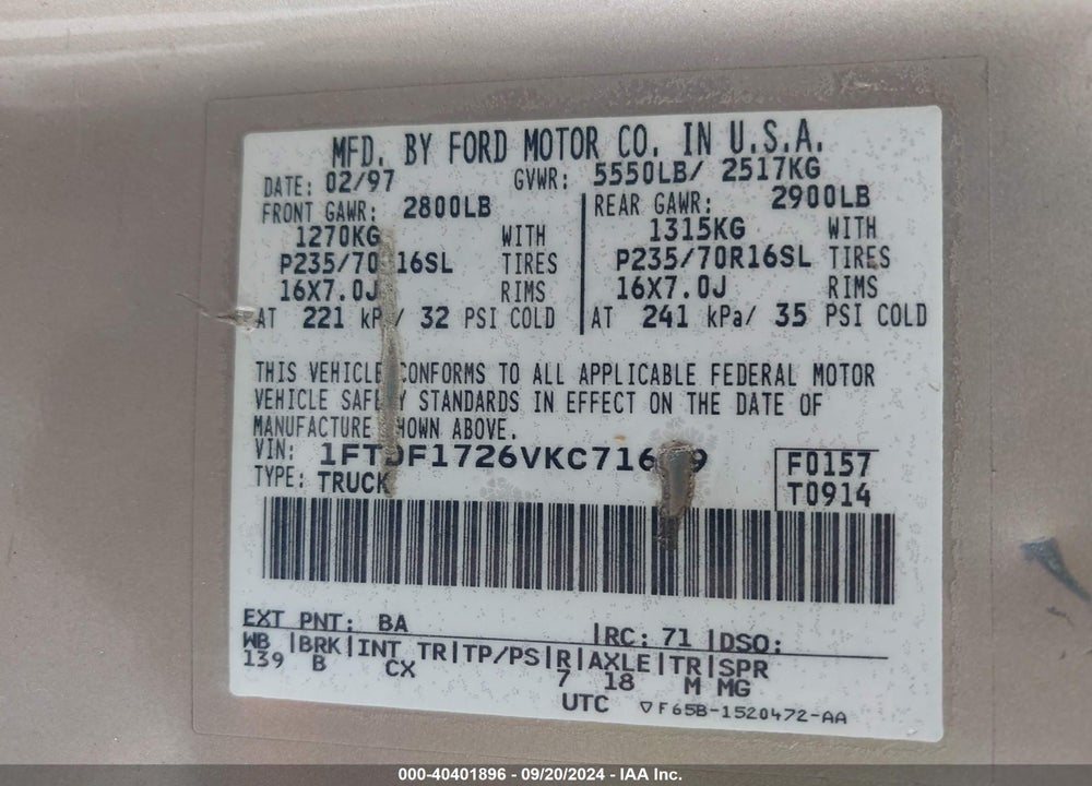 1997 FORD F-150 STANDARD/XL/XLT VIN: 1FTDF1726VKC71699