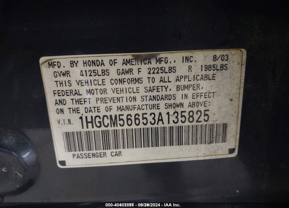 2003 HONDA ACCORD 2.4 EX VIN: 1HGCM56653A135825