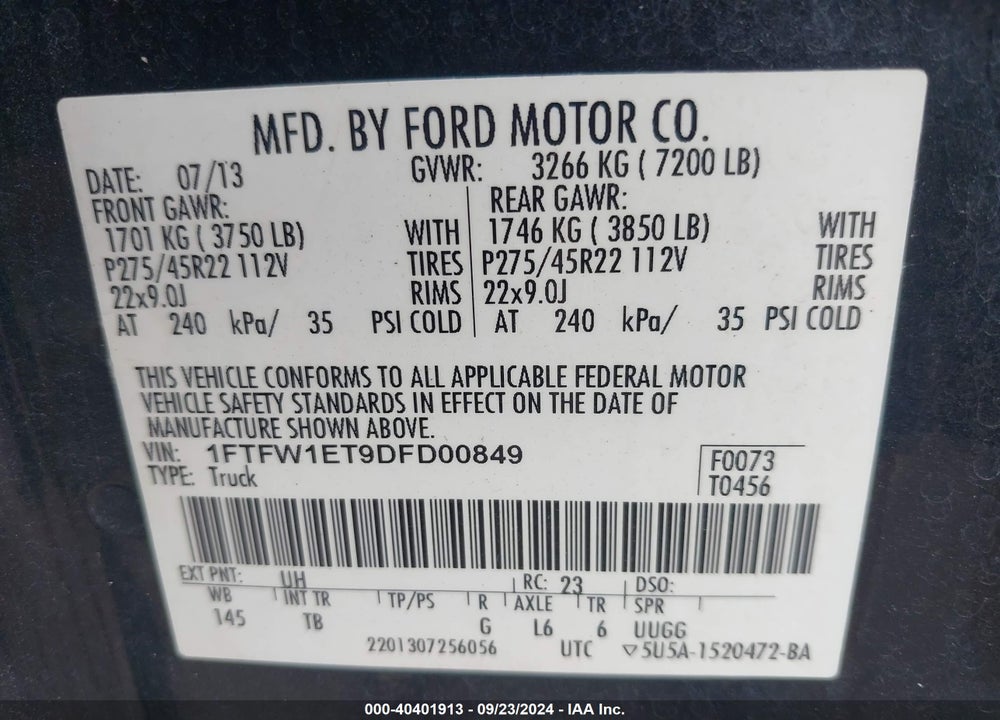 2013 FORD F-150 LIMITED VIN: 1FTFW1ET9DFD00849