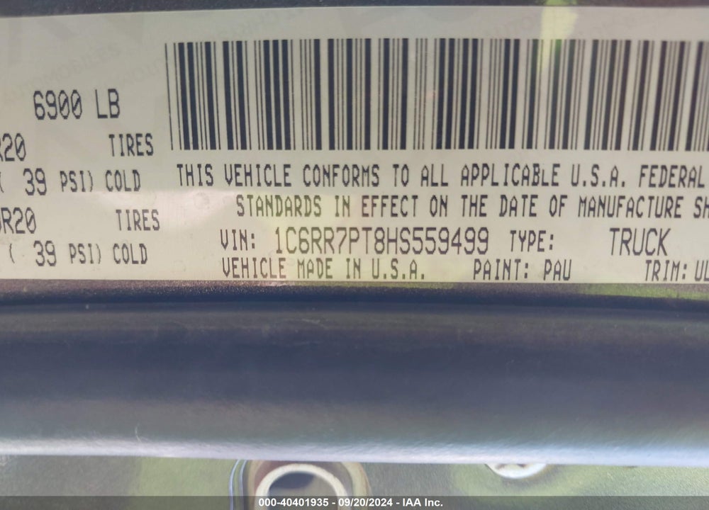 2017 RAM 1500 VIN: 1C6RR7PT8HS559499