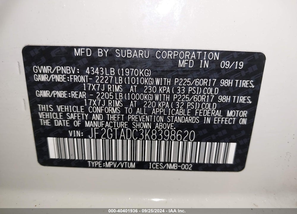 2019 SUBARU CROSSTREK 2.0I PREMIUM VIN: JF2GTADC3K8398620