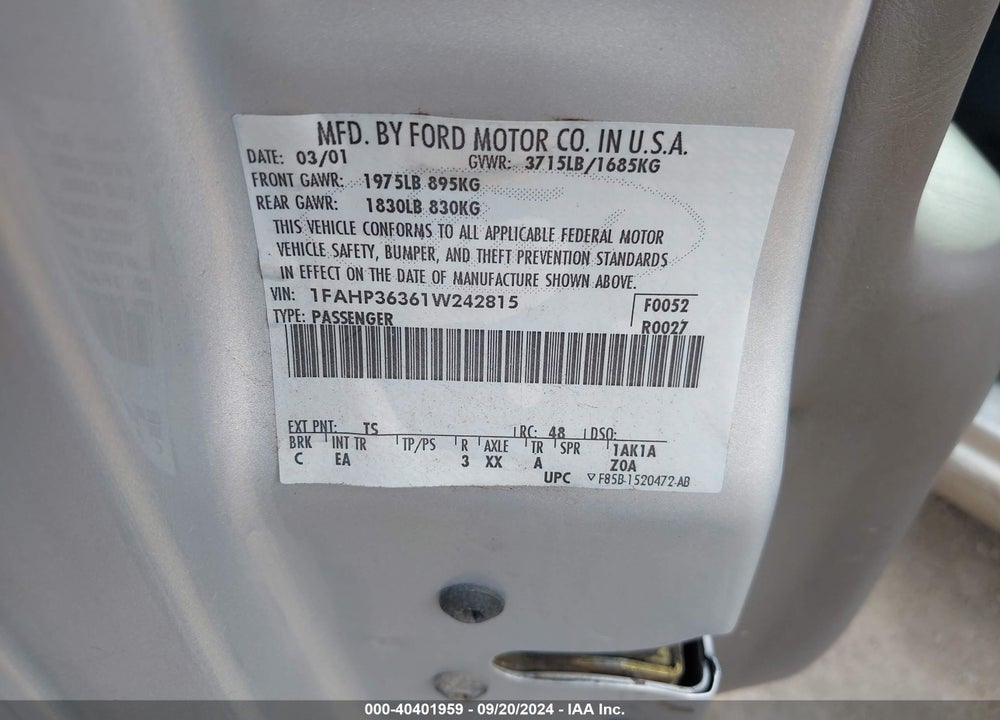 2001 FORD FOCUS SE VIN: 1FAHP36361W242815