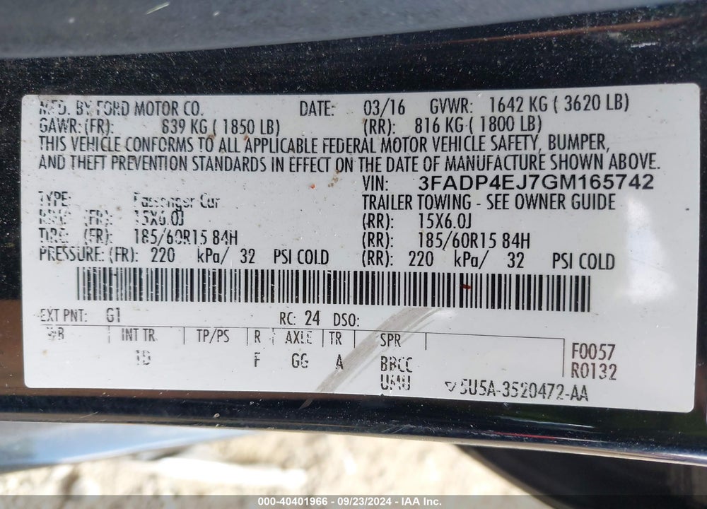 2016 FORD FIESTA SE VIN: 3FADP4EJ7GM165742