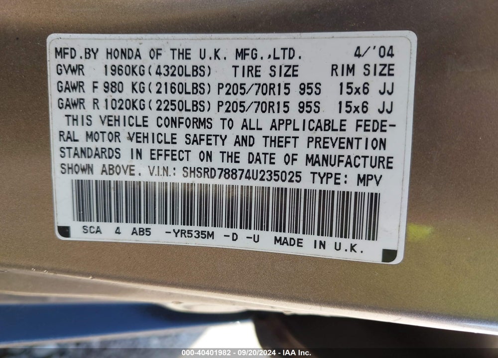 2004 HONDA CR-V EX VIN: SHSRD78874U235025
