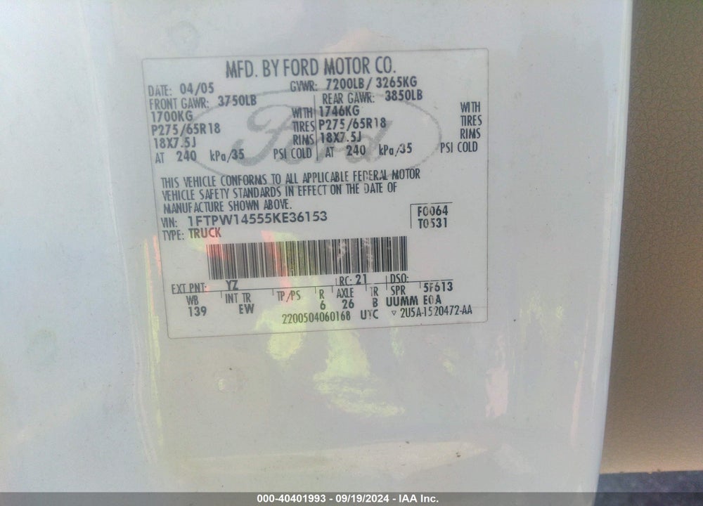 2005 FORD F-150 FX4/LARIAT/XLT VIN: 1FTPW14555KE36153