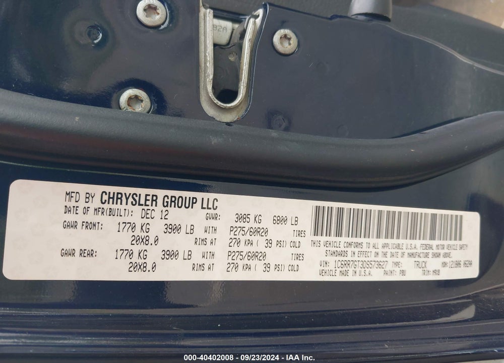 2013 RAM 1500 BIG HORN VIN: 1C6RR7GT3DS573627