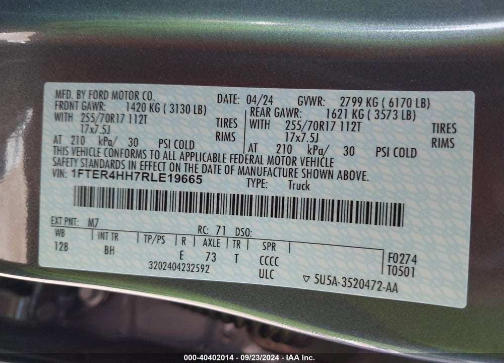 2024 FORD RANGER XLT VIN: 1FTER4HH7RLE19665