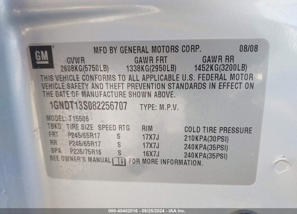 2008 CHEVROLET TRAILBLAZER FLEET VIN: 1GNDT13S082256707