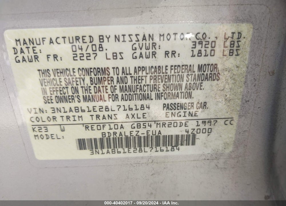 2008 NISSAN SENTRA 2.0S VIN: 3N1AB61E28L716184