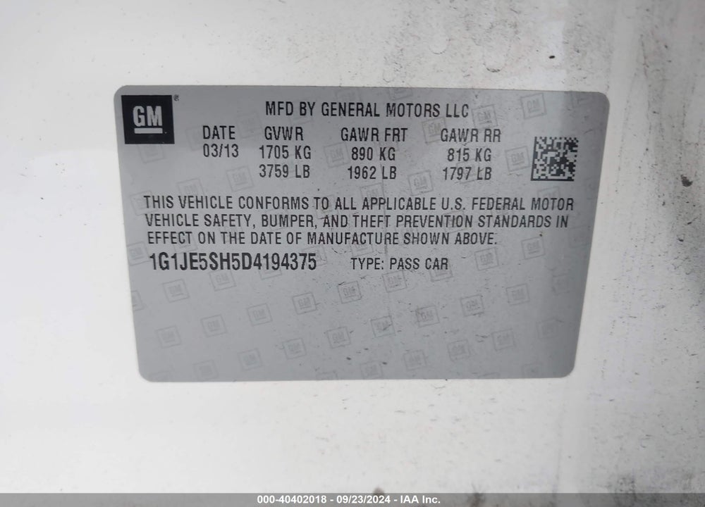 2013 CHEVROLET SONIC LTZ AUTO VIN: 1G1JE5SH5D4194375