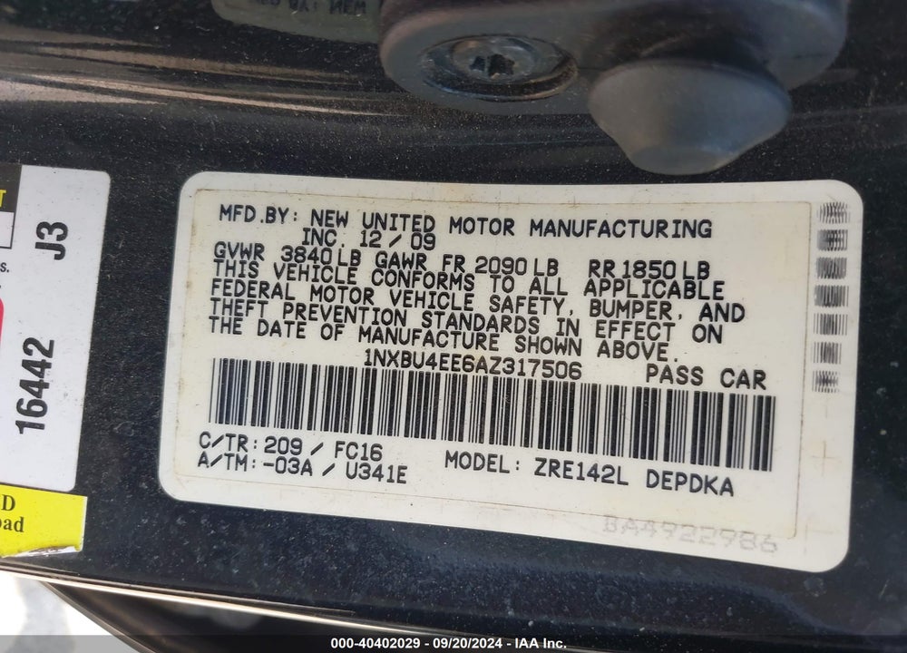 2010 TOYOTA COROLLA LE VIN: 1NXBU4EE6AZ317506