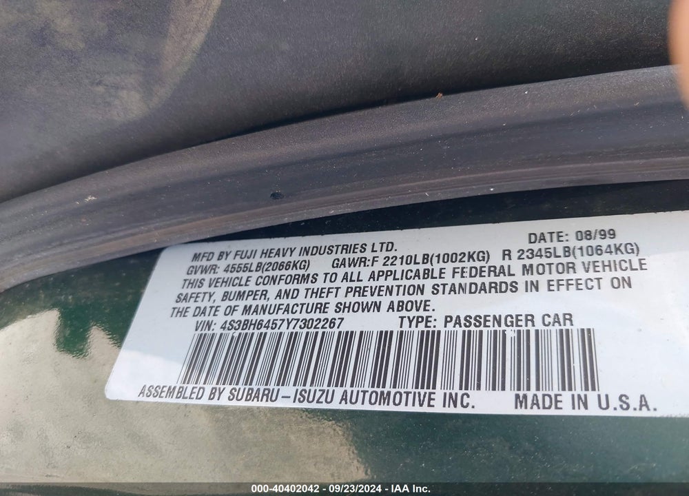 2000 SUBARU LEGACY GT VIN: 4S3BH6457Y7302267