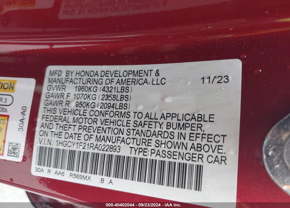 2024 HONDA ACCORD LX VIN: 1HGCY1F21RA022893
