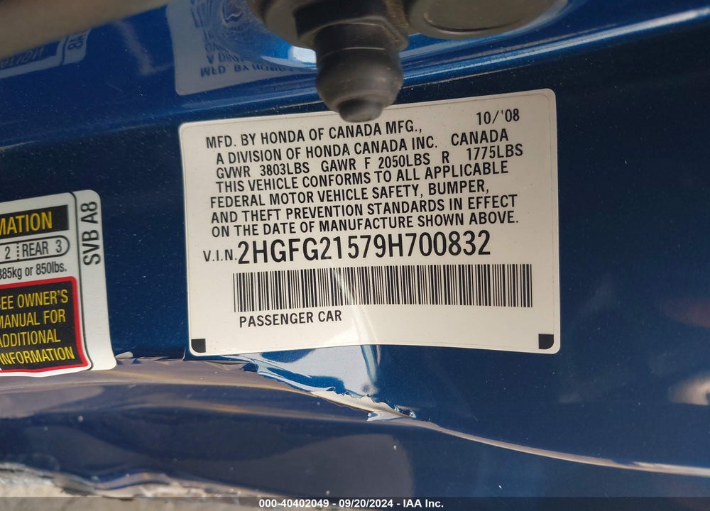 2009 HONDA CIVIC SI VIN: 2HGFG21579H700832