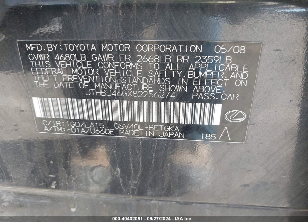 2008 LEXUS ES 350 VIN: JTHBJ46GX82256274