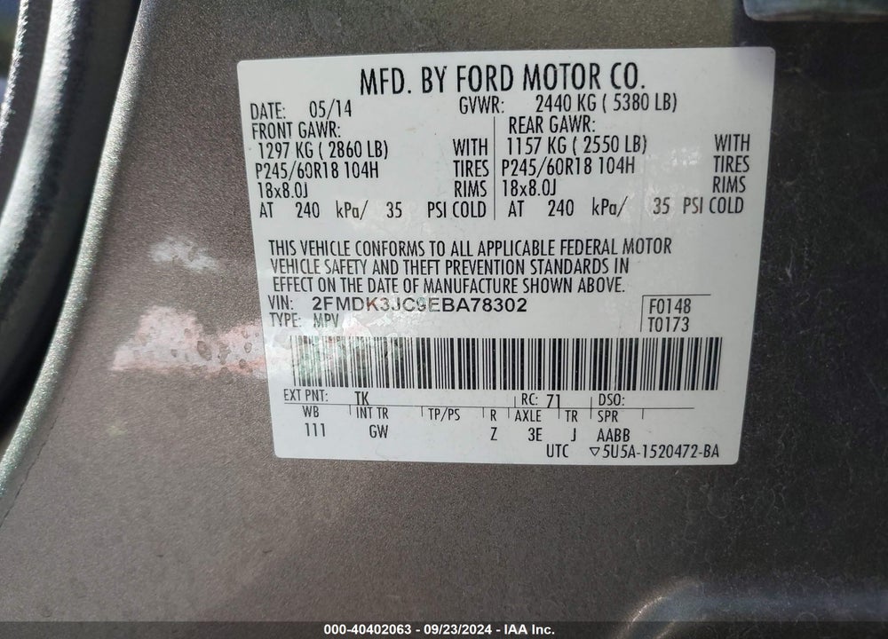 2014 FORD EDGE SEL VIN: 2FMDK3JC9EBA78302