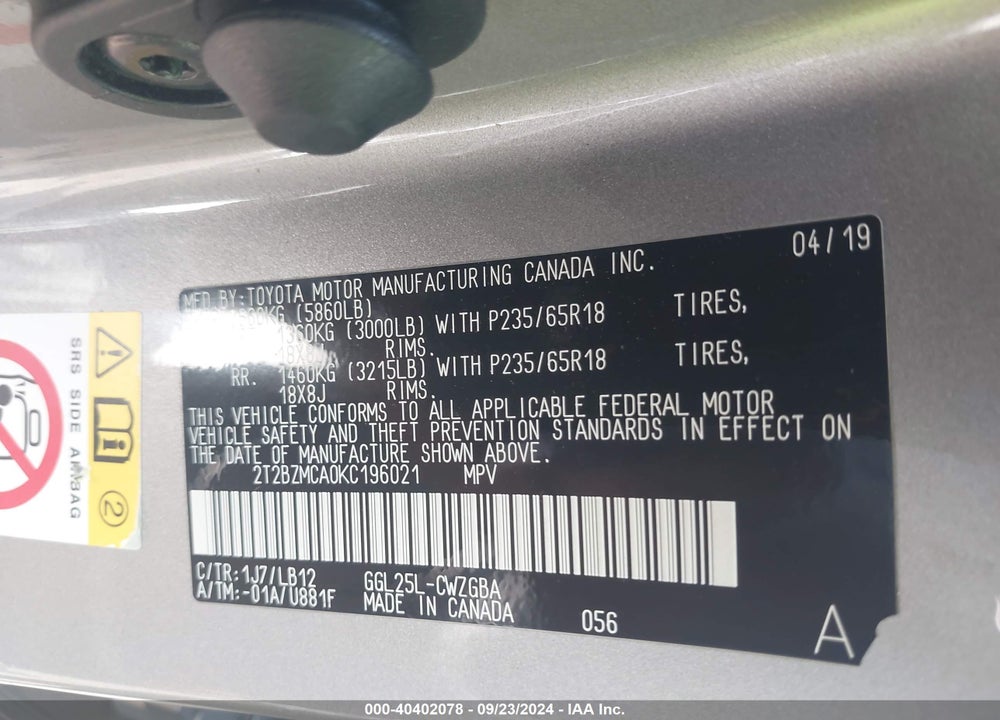 2019 LEXUS RX 350 VIN: 2T2BZMCA0KC196021