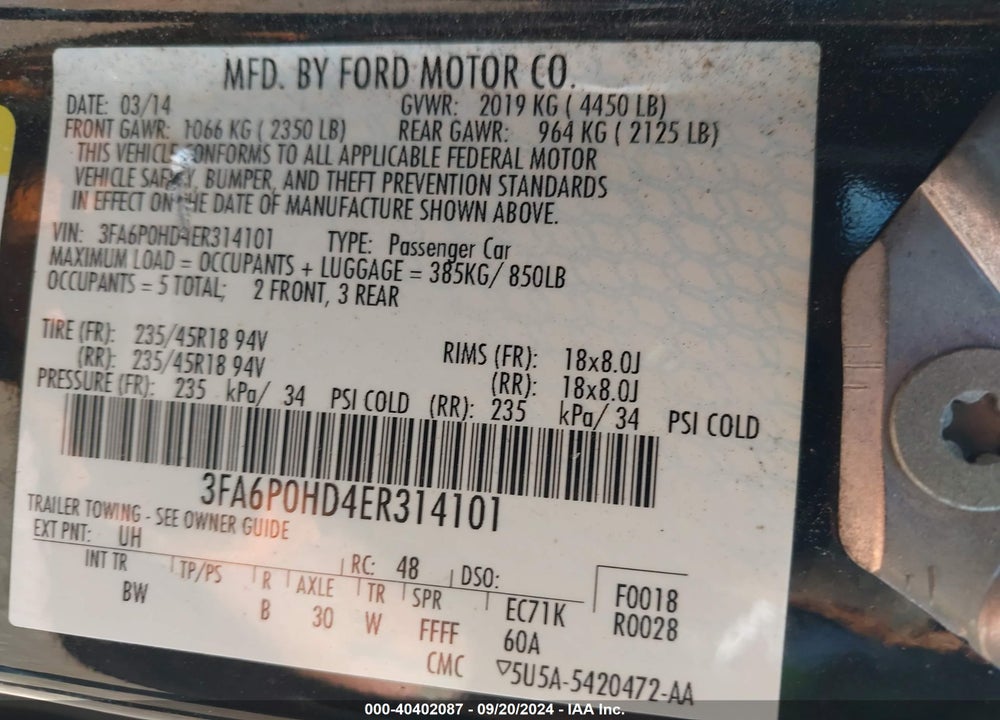 2014 FORD FUSION SE VIN: 3FA6P0HD4ER314101