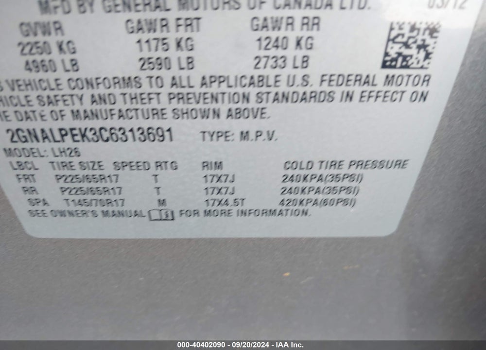 2012 CHEVROLET EQUINOX 2LT VIN: 2GNALPEK3C6313691
