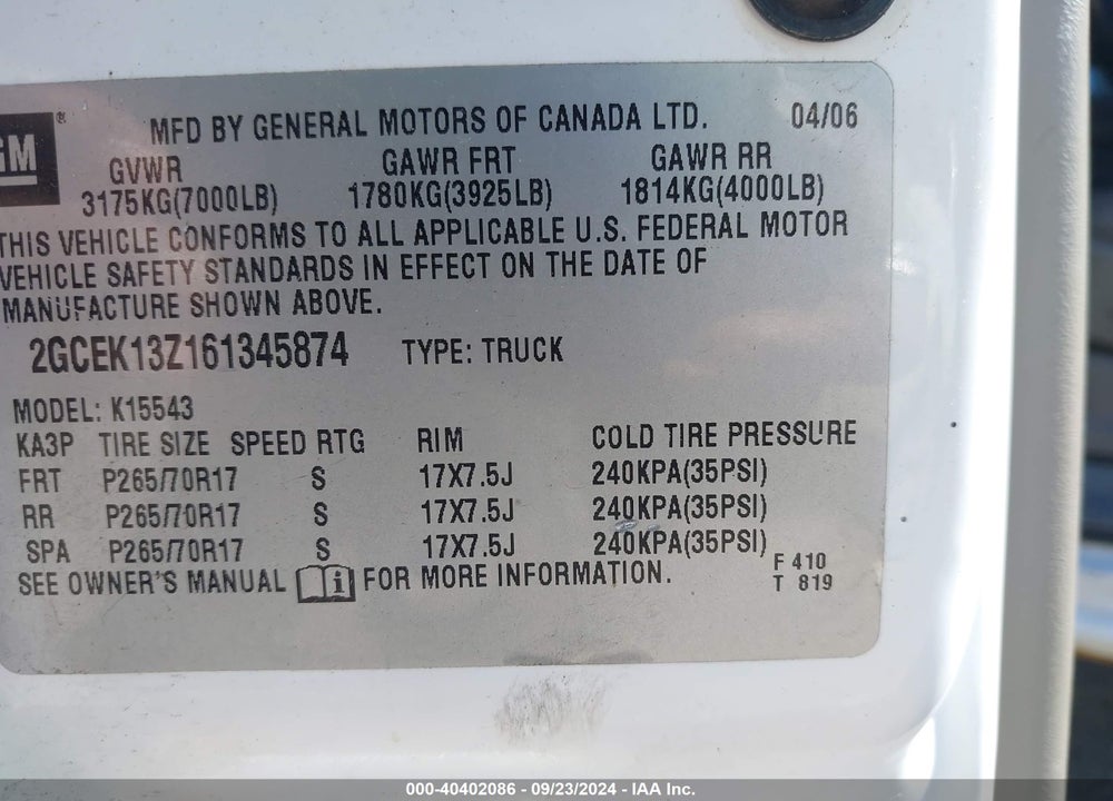 2006 CHEVROLET SILVERADO 1500 LT3 VIN: 2GCEK13Z161345874