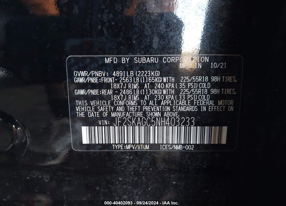 2022 SUBARU FORESTER SPORT VIN: JF2SKAGC5NH403233