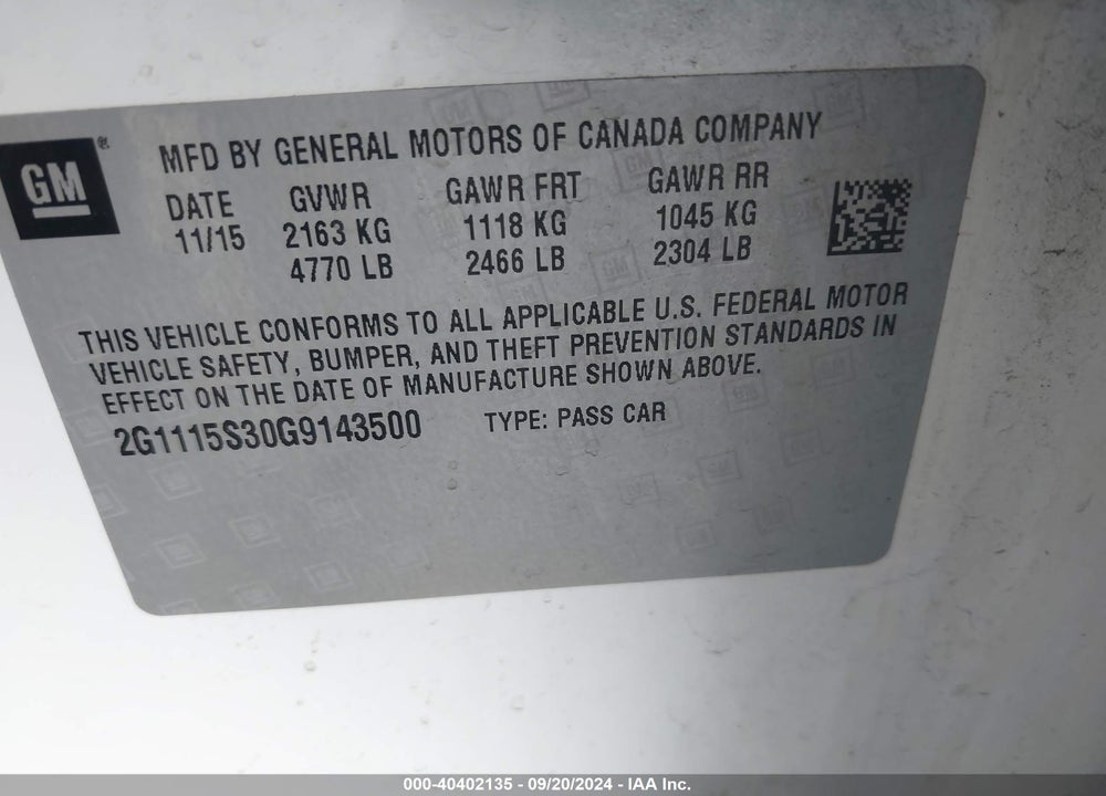 2016 CHEVROLET IMPALA 2LT VIN: 2G1115S30G9143500