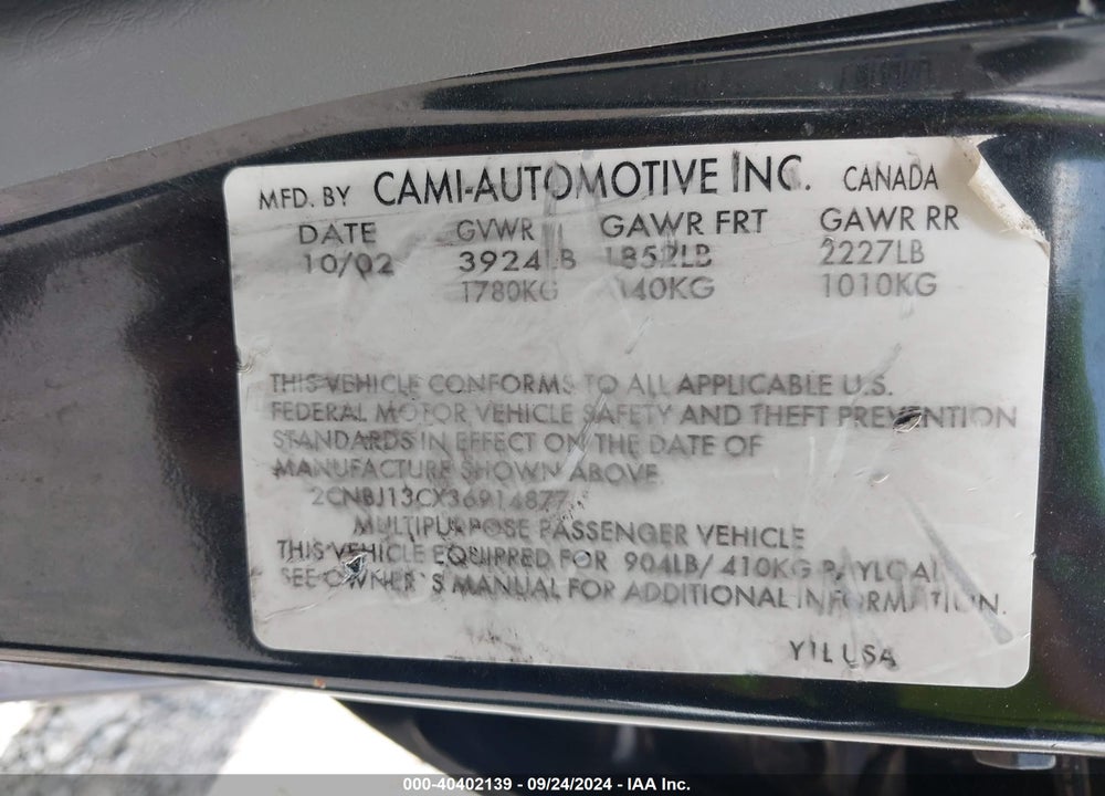 2003 CHEVROLET TRACKER HARD TOP BASE VIN: 2CNBJ13CX36914877