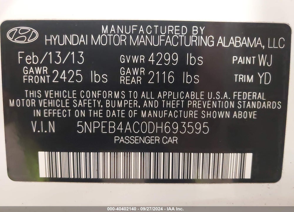 2013 HYUNDAI SONATA GLS VIN: 5NPEB4AC0DH693595