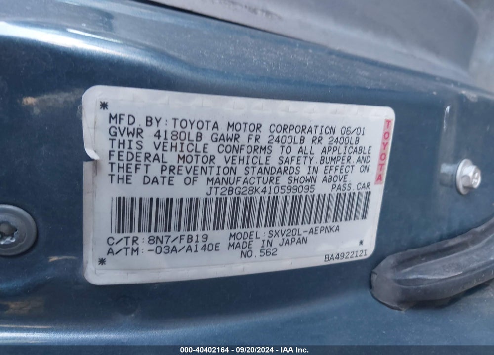 2001 TOYOTA CAMRY LE VIN: JT2BG28K410599095