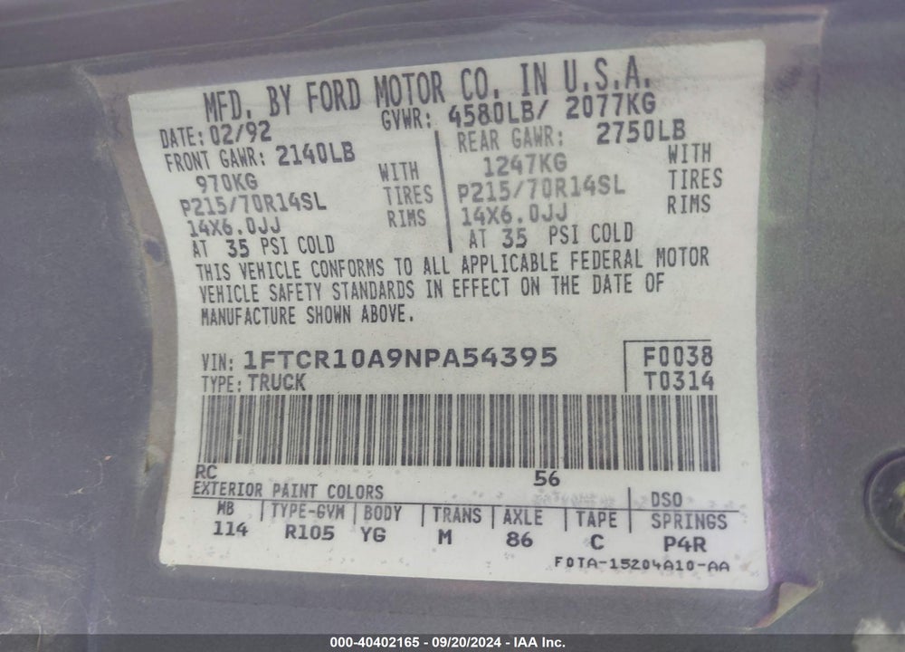 1992 FORD RANGER VIN: 1FTCR10A9NPA54395