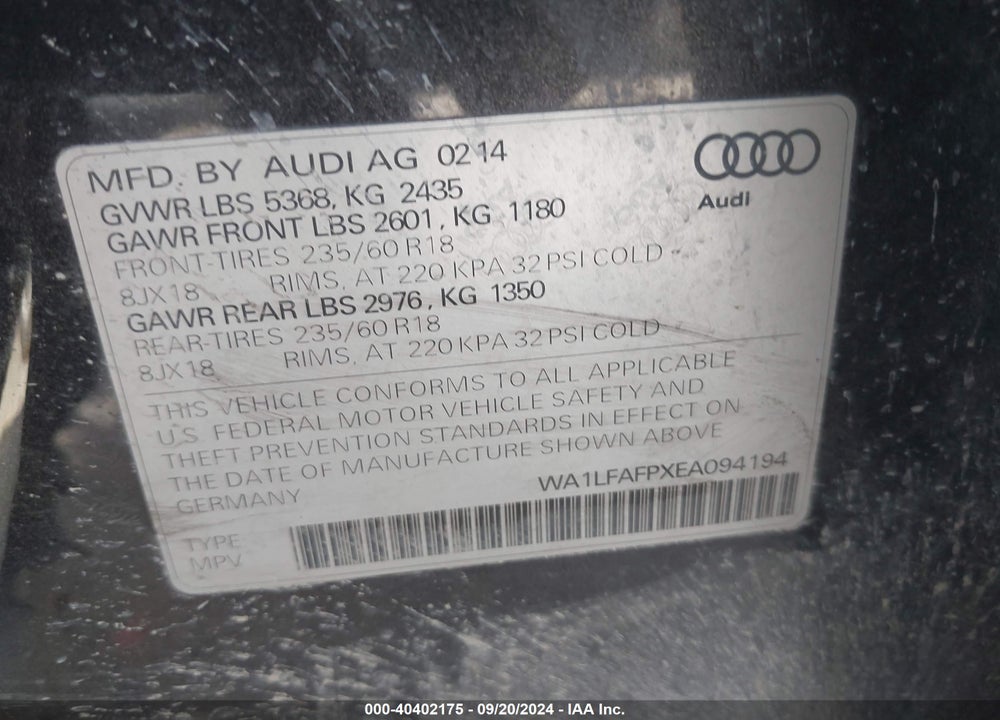 2014 AUDI Q5 2.0T PREMIUM VIN: WA1LFAFPXEA094194