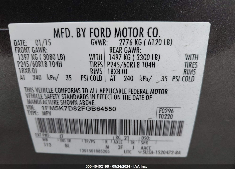 2015 FORD EXPLORER XLT VIN: 1FM5K7D82FGB64550