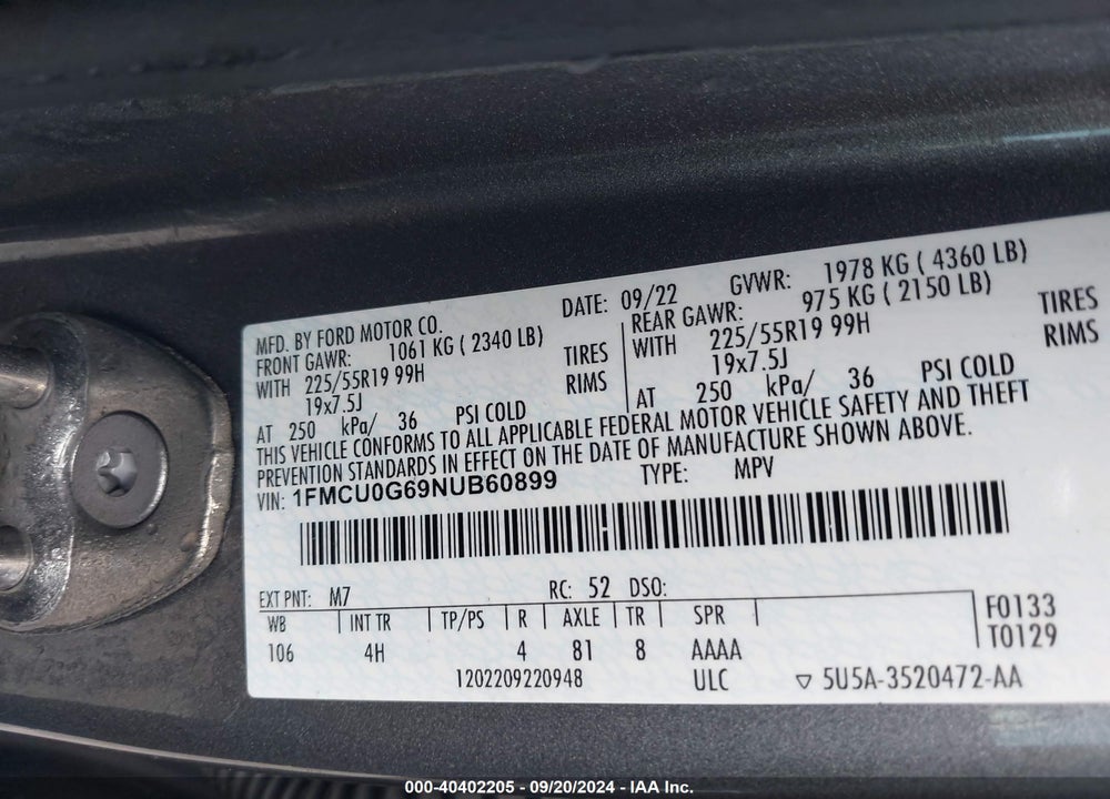 2022 FORD ESCAPE SE VIN: 1FMCU0G69NUB60899