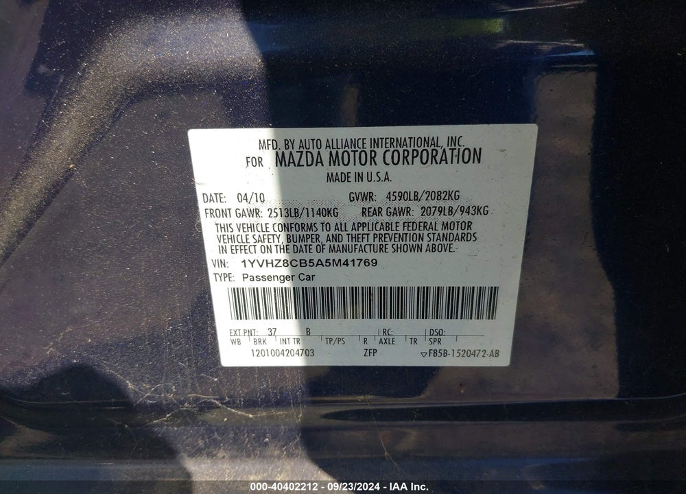 2010 MAZDA 6 S GRAND TOURING VIN: 1YVHZ8CB5A5M41769