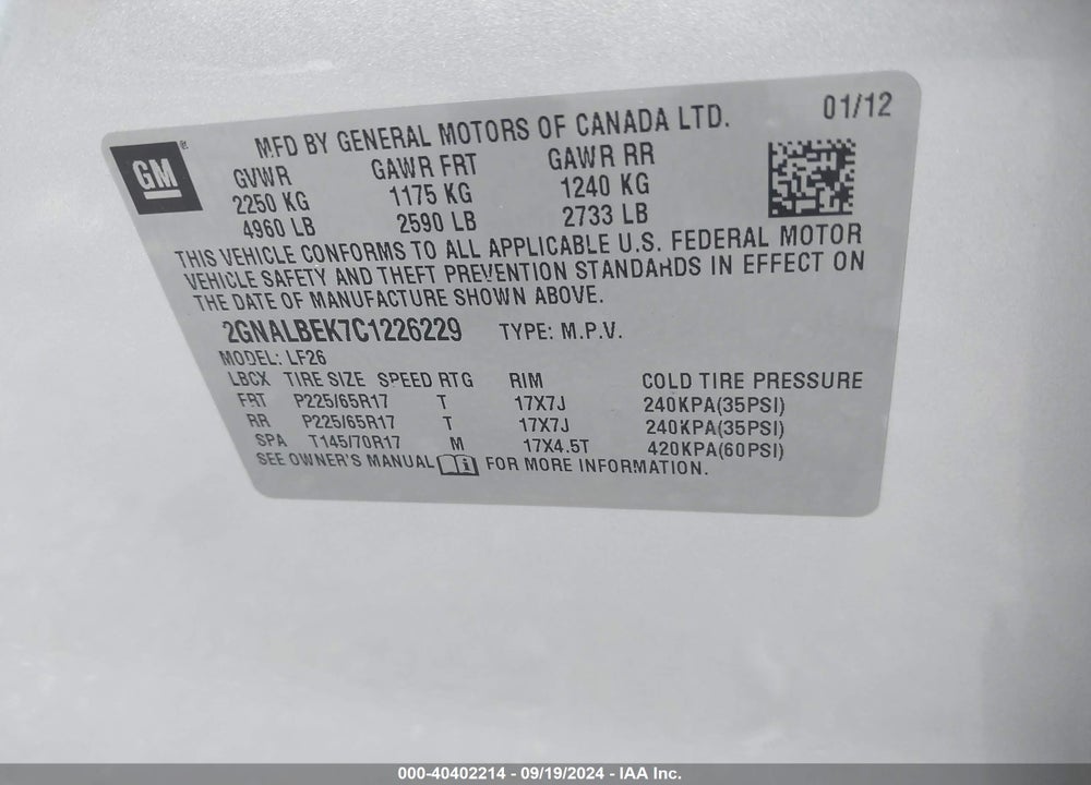 2012 CHEVROLET EQUINOX LS VIN: 2GNALBEK7C1226229