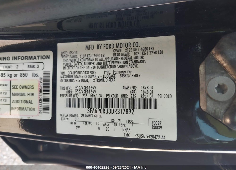 2013 FORD FUSION HYBRID TITANIUM VIN: 3FA6P0RU3DR317892