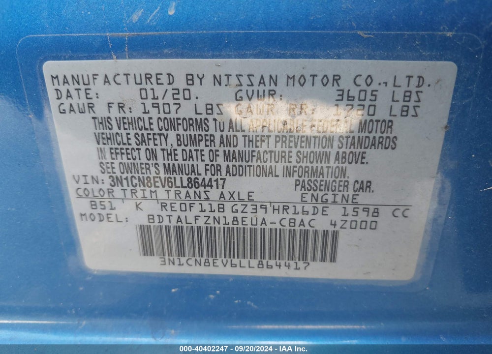 2020 NISSAN VERSA SV XTRONIC CVT VIN: 3N1CN8EV6LL864417