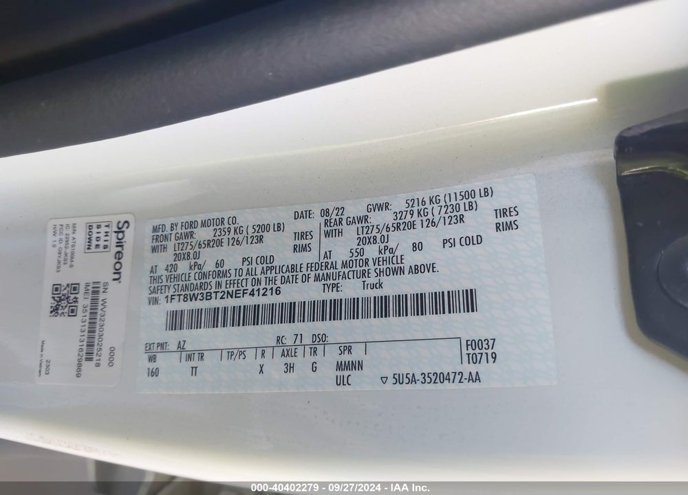 2022 FORD F-350 LIMITED VIN: 1FT8W3BT2NEF41216
