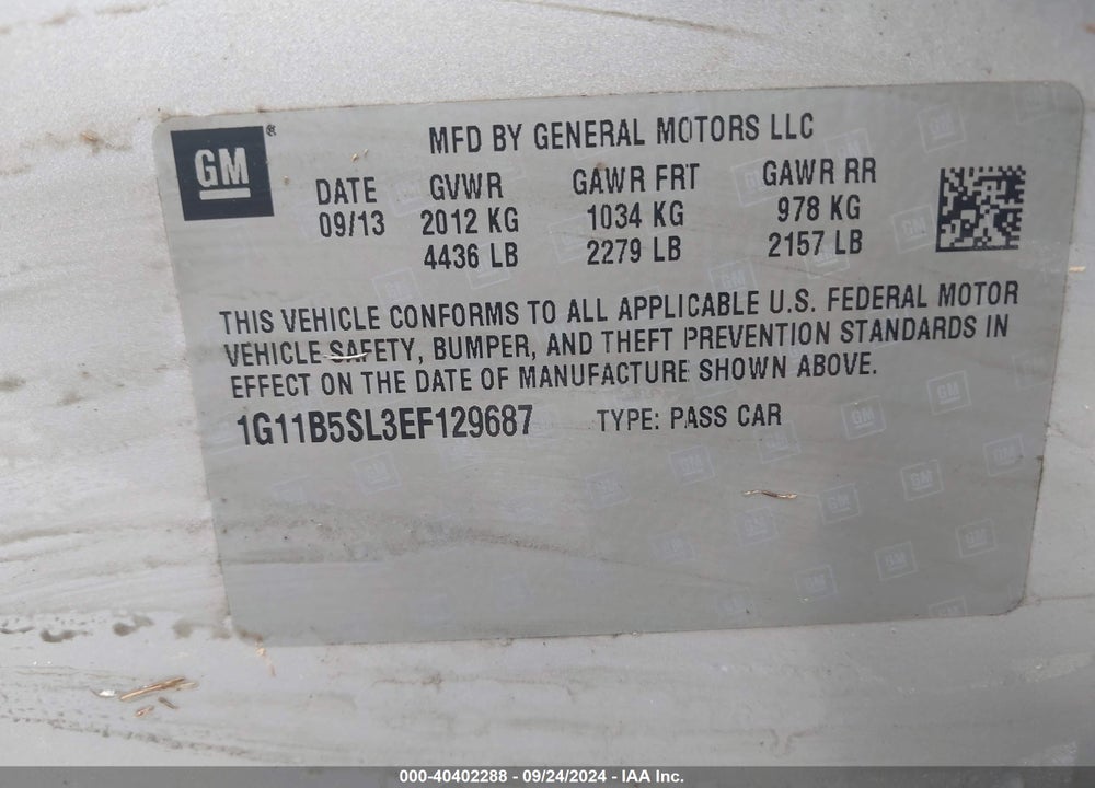 2014 CHEVROLET MALIBU 1LS VIN: 1G11B5SL3EF129687