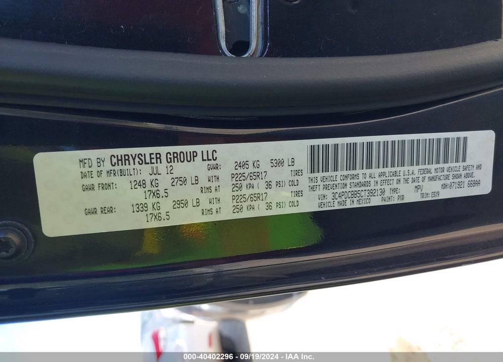 2012 DODGE JOURNEY SXT VIN: 3C4PDCBB5CT392130