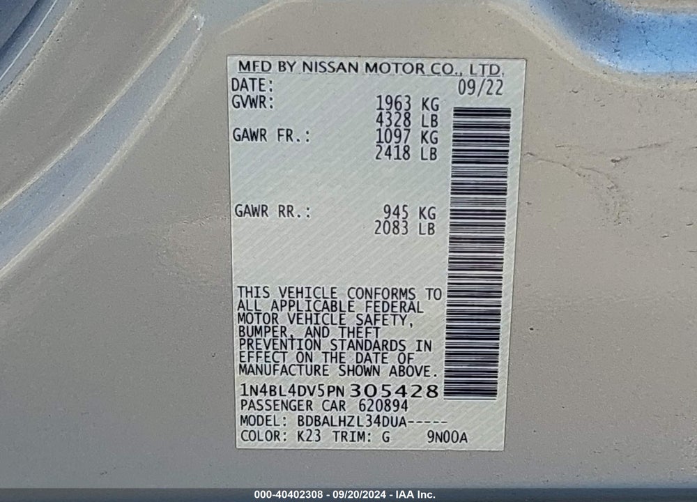 2023 NISSAN ALTIMA SV FWD VIN: 1N4BL4DV5PN305428