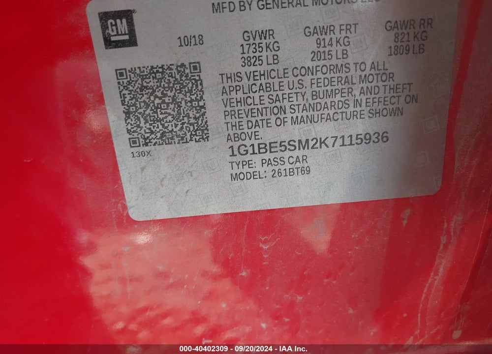 2019 CHEVROLET CRUZE LT VIN: 1G1BE5SM2K7115936