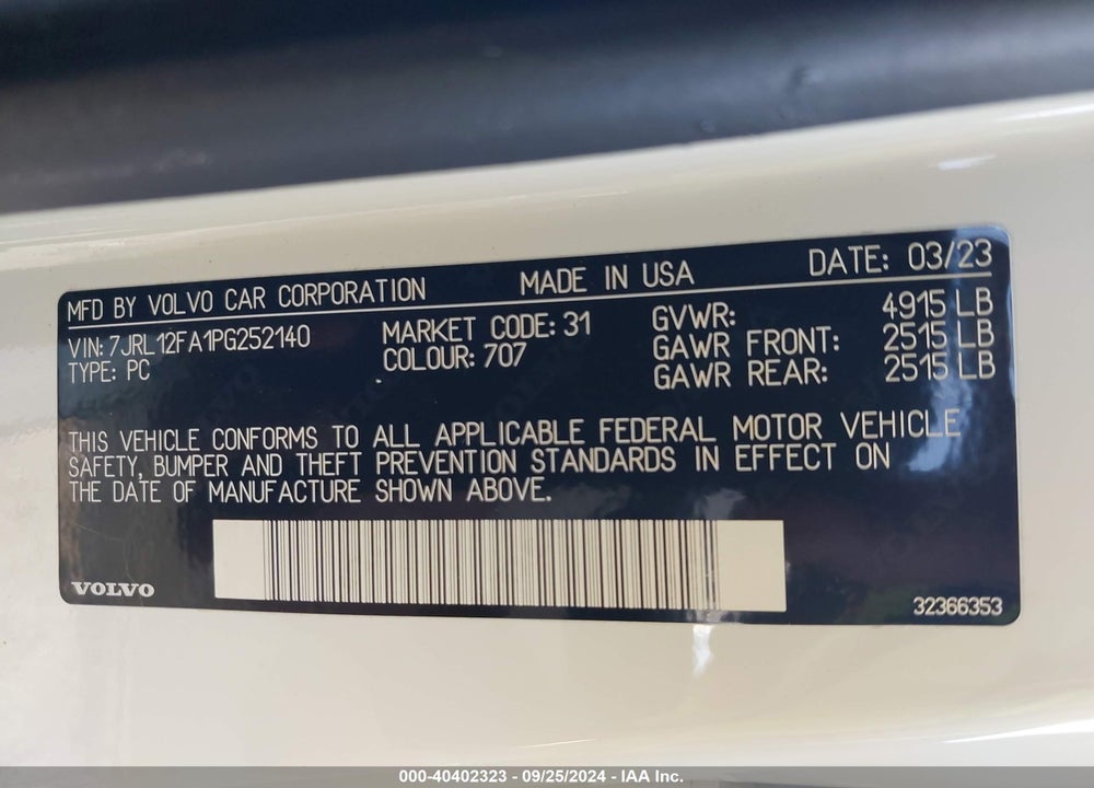 2023 VOLVO S60 B5 ULTIMATE BRIGHT THEME VIN: 7JRL12FA1PG252140