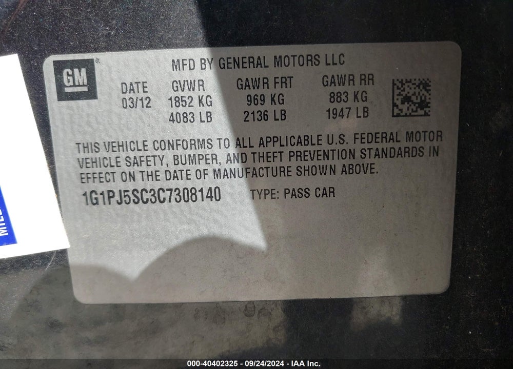 2012 CHEVROLET CRUZE ECO VIN: 1G1PJ5SC3C7308140